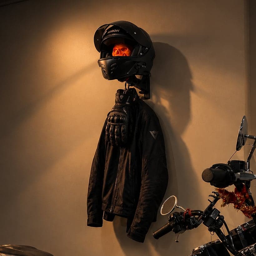 A black helmet on our mount over a riding jacket and gloves, a motorcycle parked below